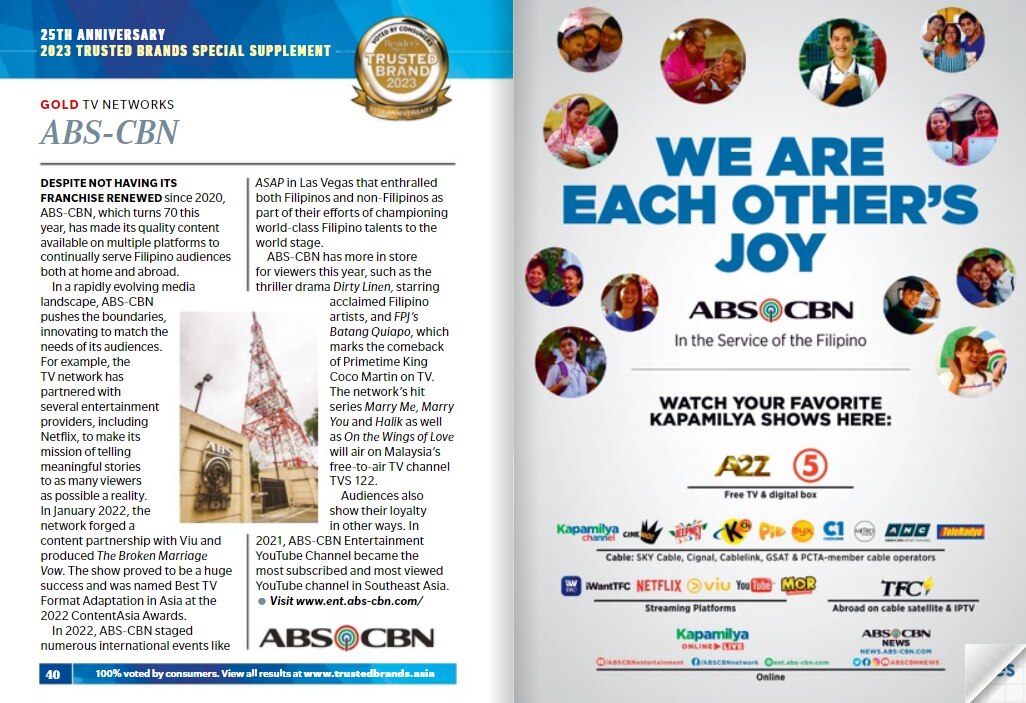 ABS CBN on the Reader's Digest Trusted Brands 2023 issue