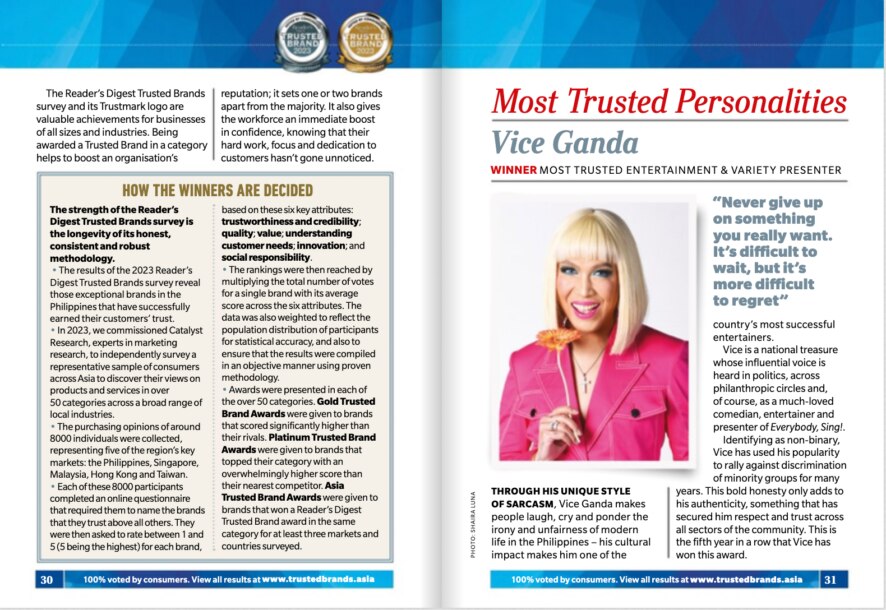 Vice Ganda on the Reader's Digest Trusted Brands 2023 issue