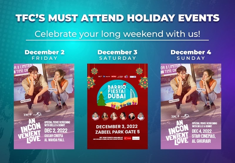 ABS-CBN TFC offers DonBelle movie screenings and live appearances plus Barrio Fiesta in Dubai during UAE's long National Day weekend