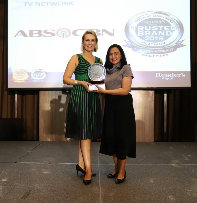 ABS CBN wins its 4th consecutive Platinum Brand Award from Reader's Digest Trusted Brands Awards