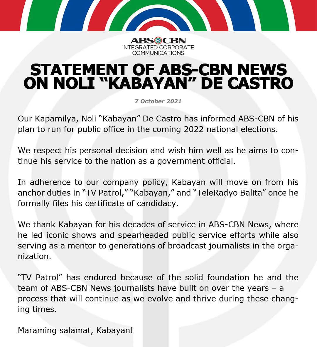 Artcard English Statement of ABS CBN News on Noli Kabayan De Castro