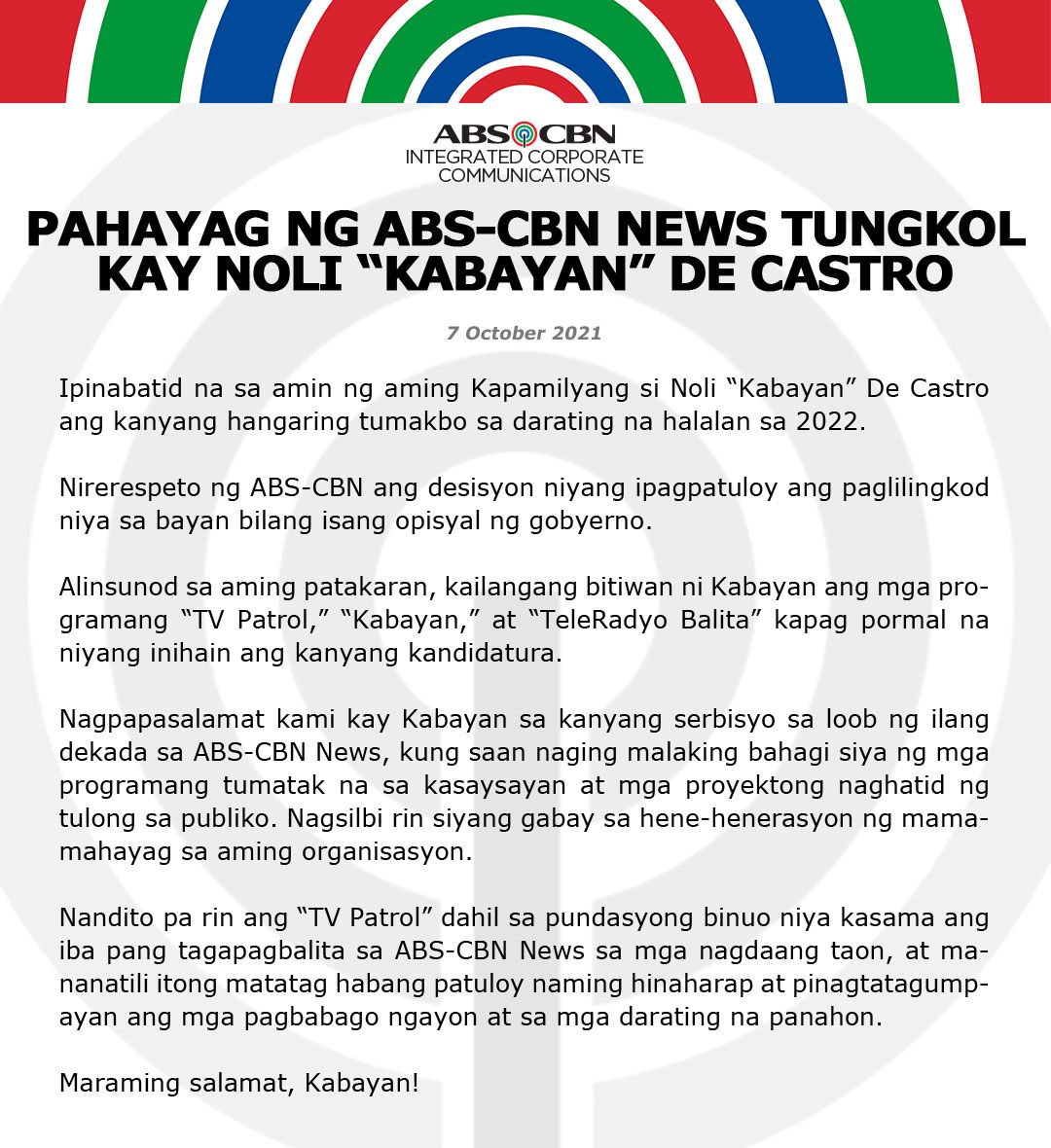 Artcard Filipino Pahayag ng ABS CBN News tungkol kay Noli Kabayan De Castro