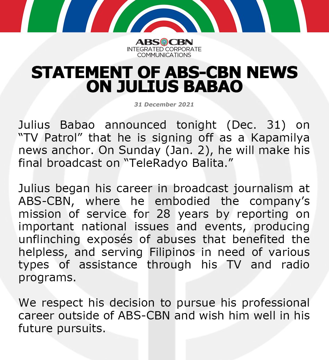 Artcard Statement of ABS CBN News on Julius Babao