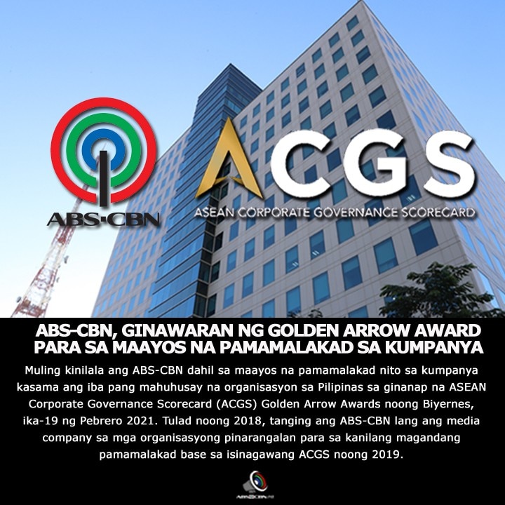 Artcard Filipino ABS CBN, GINAWARAN NG GOLDEN ARROW AWARD PARA SA MAAYOS NA PAMAMALAKAD SA KUMPANYA