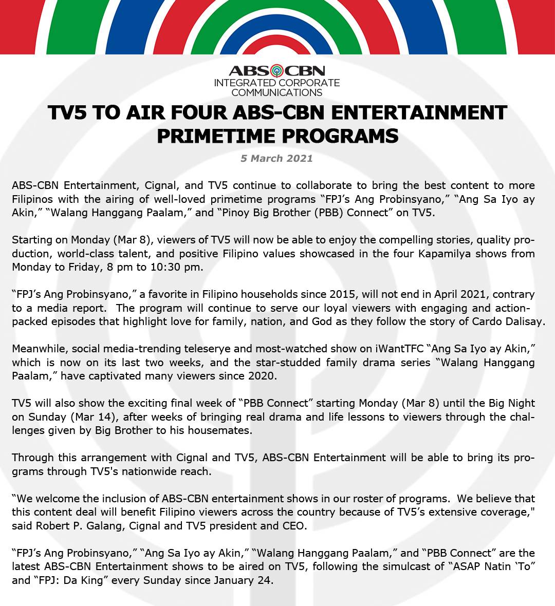 Artcard English TV5 TO AIR FOUR ABS CBN ENTERTAINMENT PRIMETIME PROGRAMS