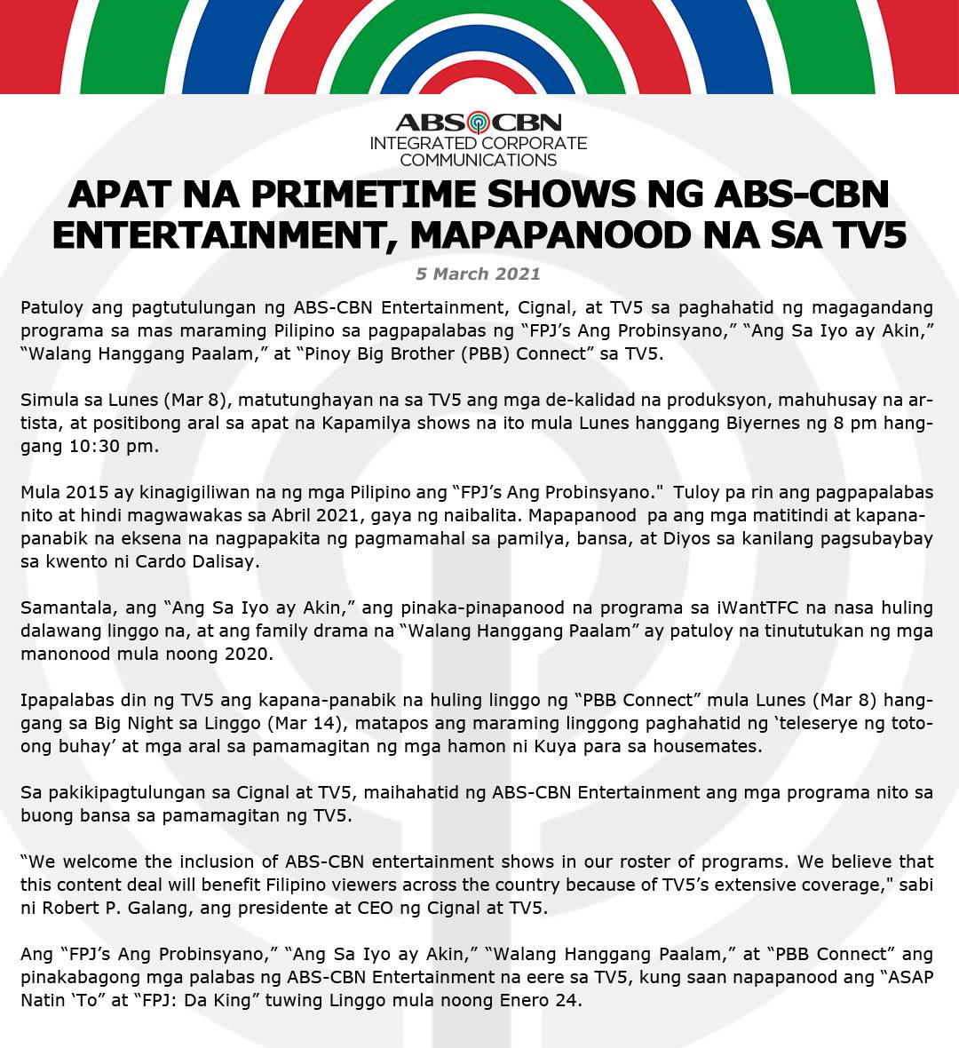 Artcard Filipino APAT NA PRIMETIME SHOWS NG ABS CBNENTERTAINMENT, MAPAPANOOD NA SA TV5