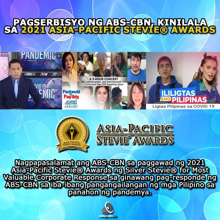 Artcard Filipino SERBISYO NG ABS CBN SA MGA PILIPINO SA PANAHON NG PANDEMYA, KINILALA SA 2021 ASIA PACIFIC STEVIE® AWARDS
