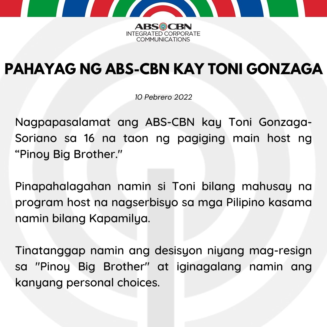 Artcard Filipino Pahayag ng ABS CBN kay Toni Gonzaga