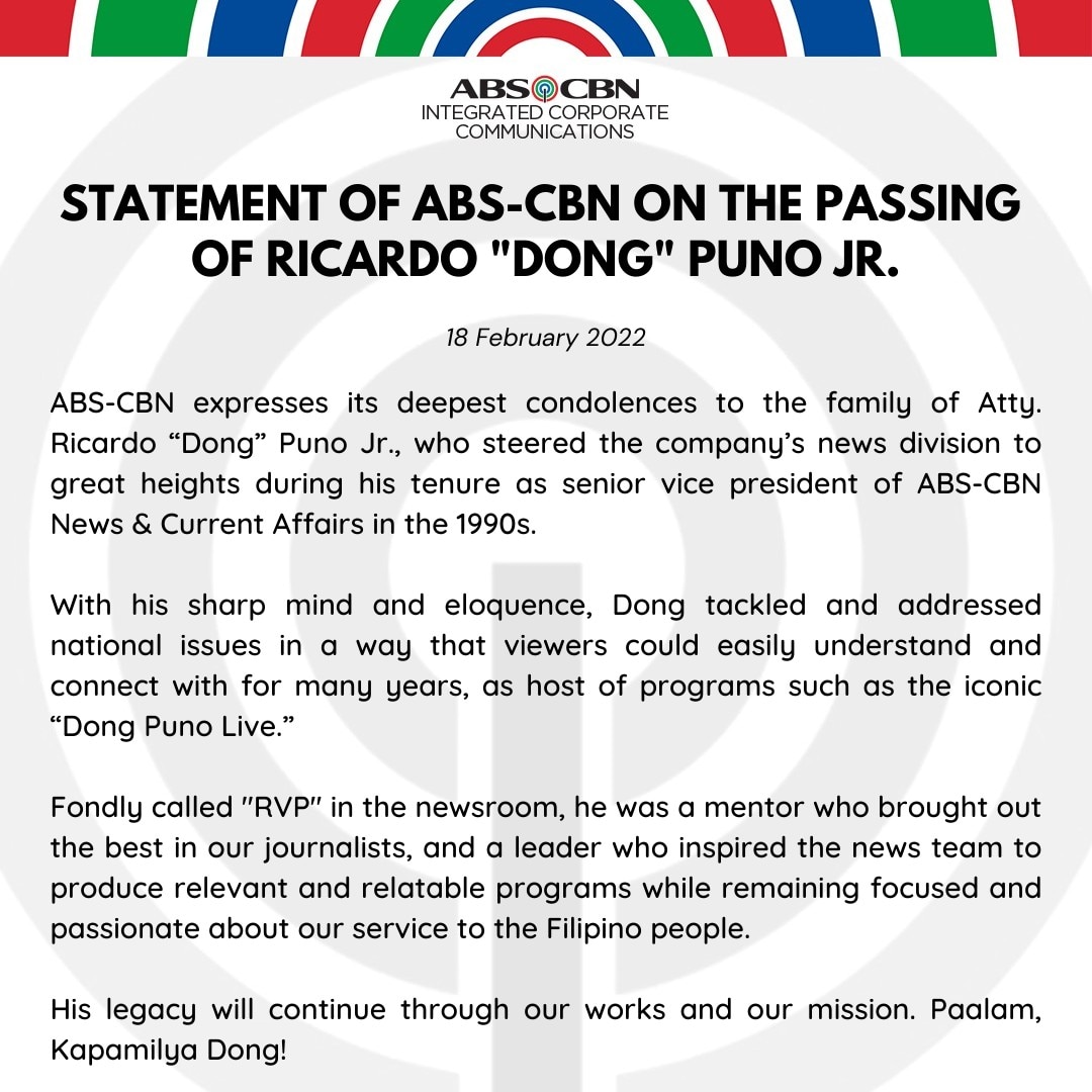 FEB 18_STATEMENT OF ABS CBN ON THE PASSING OF RICARDO PUNO JR