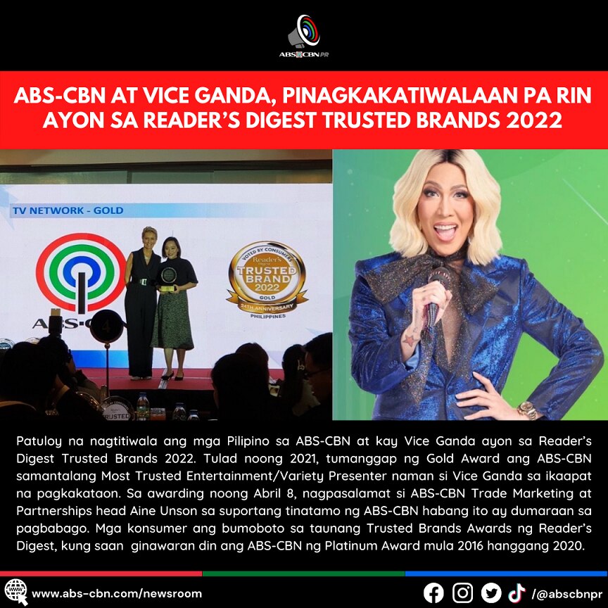 ABS CBN AT VICE GANDA, PINAGKAKATIWALAAN PA RIN AYON SA READER’S DIGEST TRUSTED BRANDS 2022