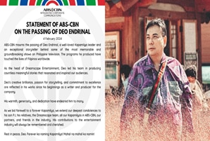 Statement of ABS-CBN on the passing of Deo Endrinal