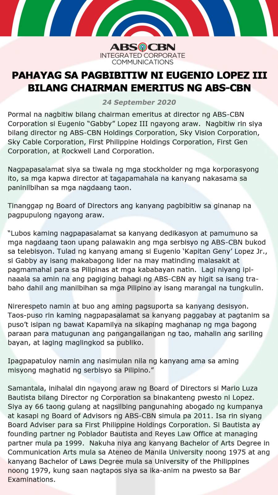 Artcard (FILIPINO)   Pahayag sa pagbibitiw ni Eugenio Lopez III bilang chairman emeritus ng ABS CBN