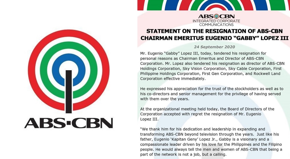 Statement on the resignation of ABS-CBN chairman emeritus  Eugenio “Gabby” Lopez III