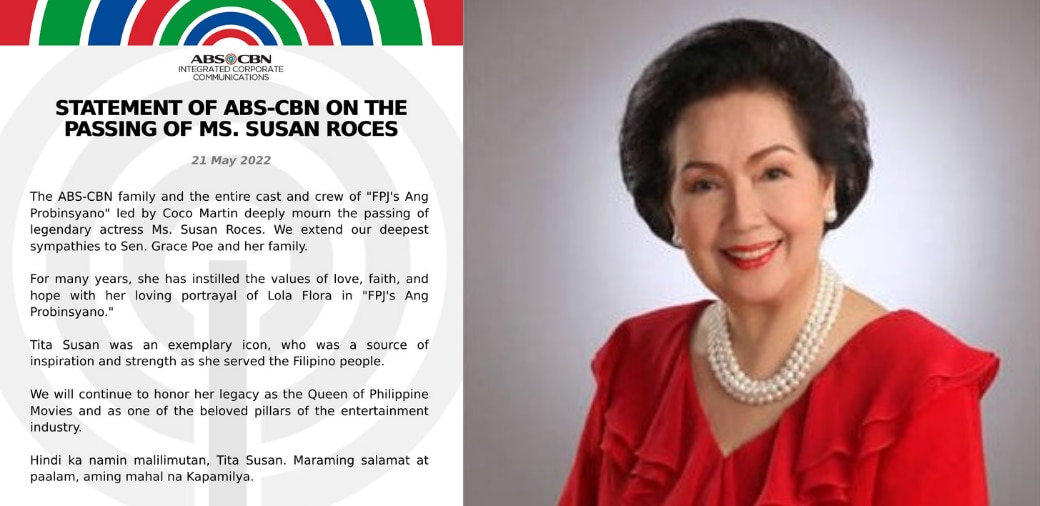 Press statement of ABS-CBN on the passing of Ms. Susan Roces