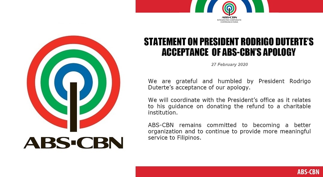 Statement on President Rodrigo Duterte's acceptance of ABS-CBN's apology
