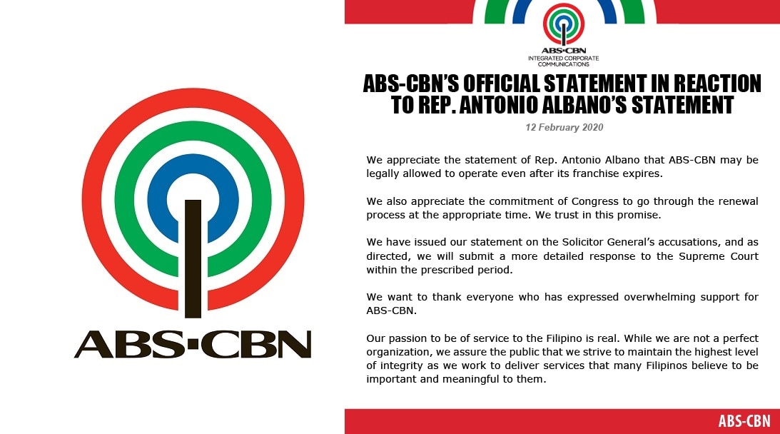 ABS-CBN’S official statement in reaction to Rep. Antonio Albano’s statement