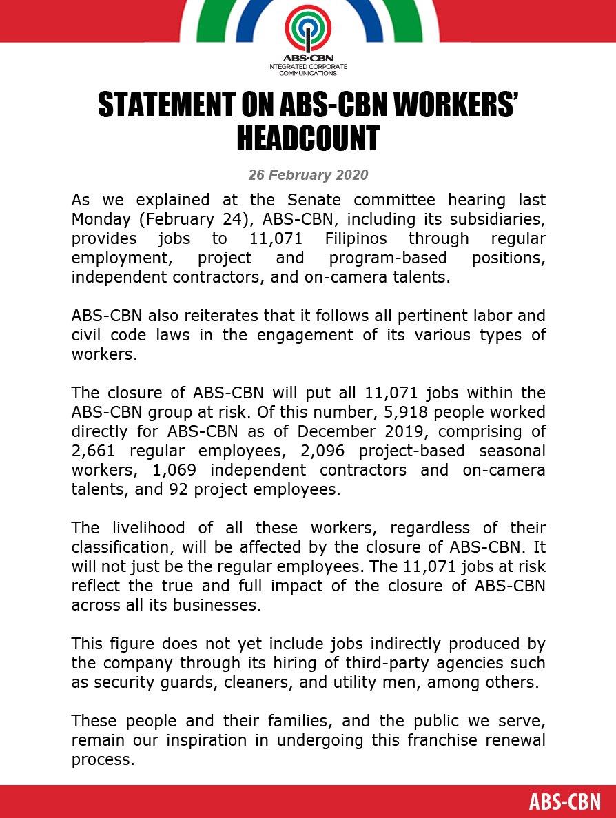 Artcard  (English) Statement on ABS CBN Workers' Headcount