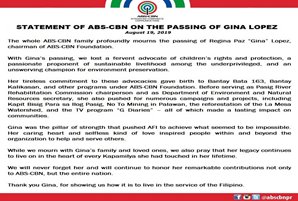 Statement of ABS-CBN on the passing of Gina Lopez