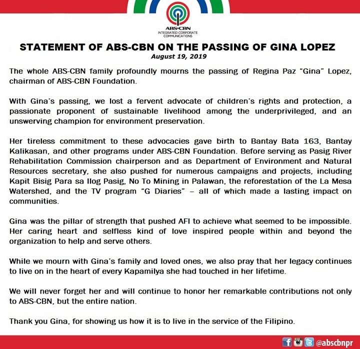 Artcard   Statement of ABS CBN on the passing of Gina Lopez