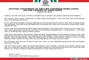 Official Statement of ABS-CBN chairman Mark Lopez on the passing of Gina Lopez