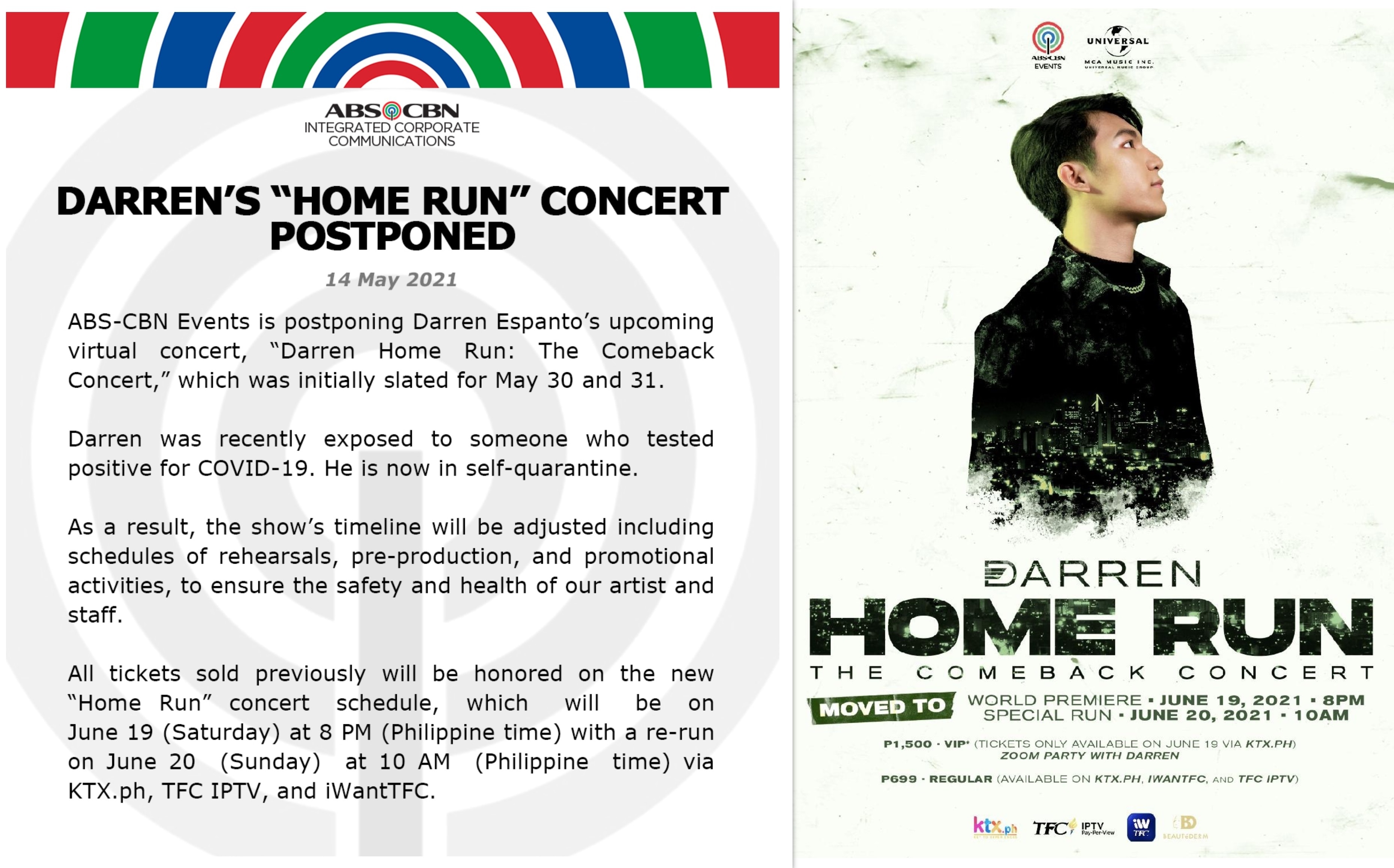 Darren's "Home Run" concert postponed