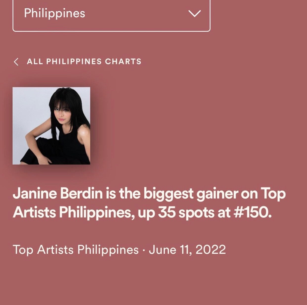 Janine Berdin on Spotify's Top Artists Philippines