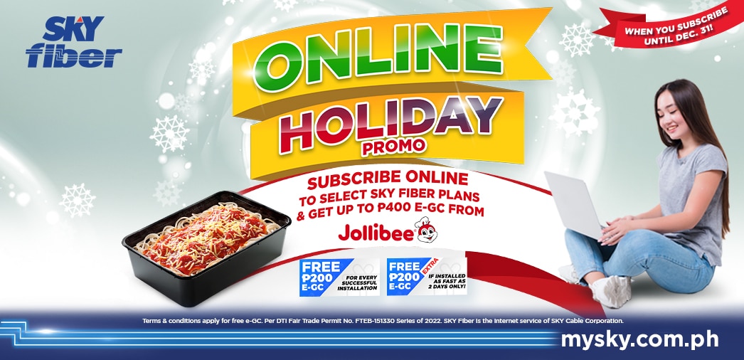 Subscribe online to select SKY Fiber plans and get up to get up to P400 Jollibee e GCs this holiday season