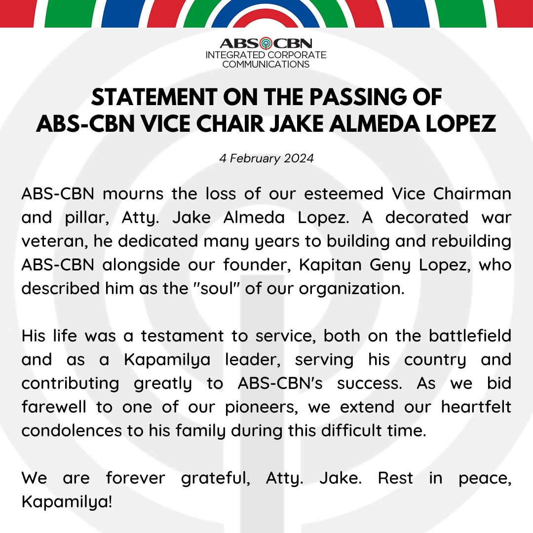 Statement on the passing of ABS CBN Vice Chair Jake Almeda Lopez