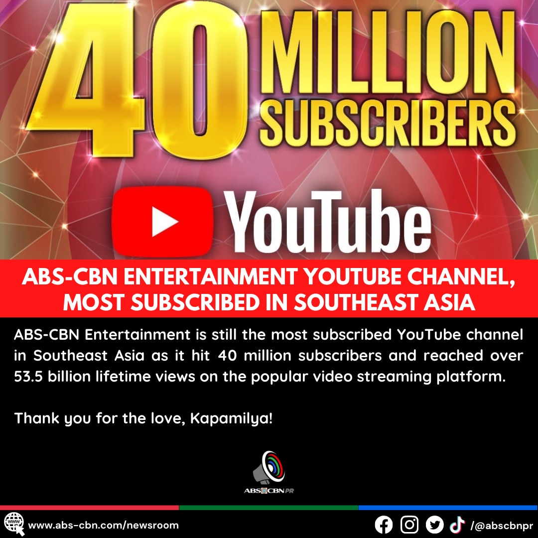 (ARTCARD) ENG   ABS CBN ENTERTAINMENT YOUTUBE CHANNEL, MOST SUBSCRIBED IN SOUTHEAST ASIA